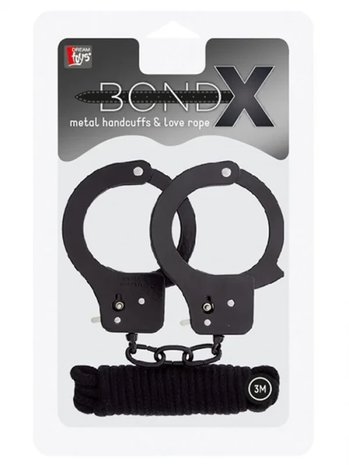 Metal Kelepçe ve Bondage İp Esaret Seti Siyah 2