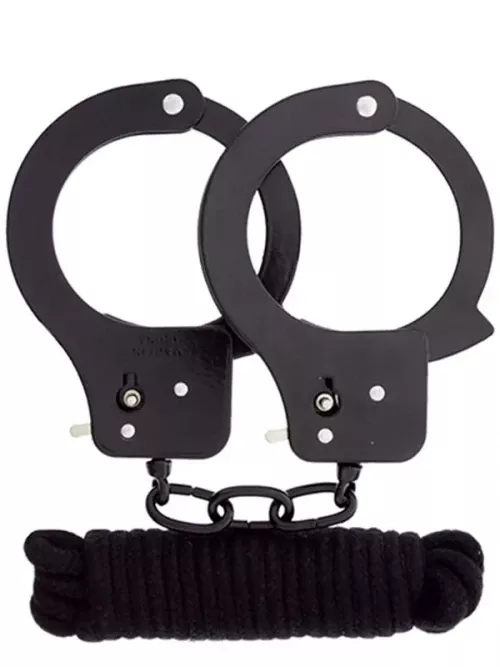 Metal Kelepçe ve Bondage İp Esaret Seti Siyah