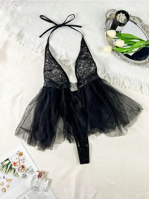 Tül Etekli Dantelli Seksi Body 5